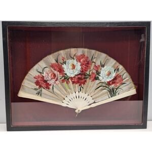 Vintage Japanese Hand Fan Framed 14.25 x 8, Bone Blades Shadowbox - Rare